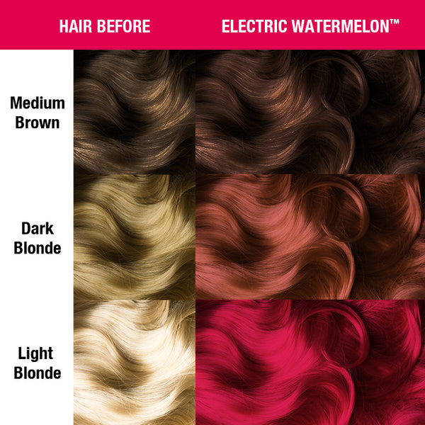 Classic Hair Color Electric Watermelon™ - Classic High Voltage® - Tish &amp; Snooky&#39;s Manic Panic, carmine, cerise, violet, medium violet, ribbon, radical, red, torch, coral, imperial, indian, maroon, raspberry, hair level, hair color, hair dye, hair swatch, manic panic semi permanent hair, neon, glow, black light
