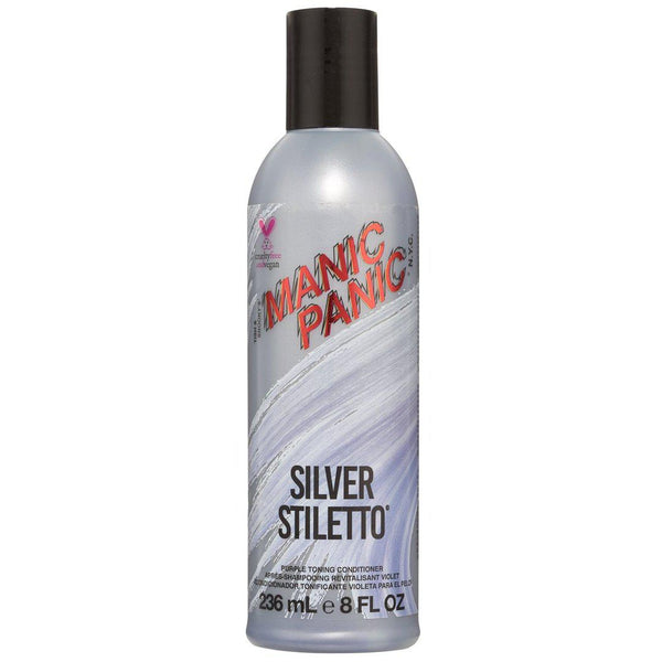An 8 ounce bottle of Manic Panic Silver Stiletto toning shampo, perfect for toning a stunning silver hair color.