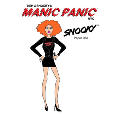 A colorful paper doll set featuring a character with orange hair and a black outfit with the 'Manic Panic' logo on the top.