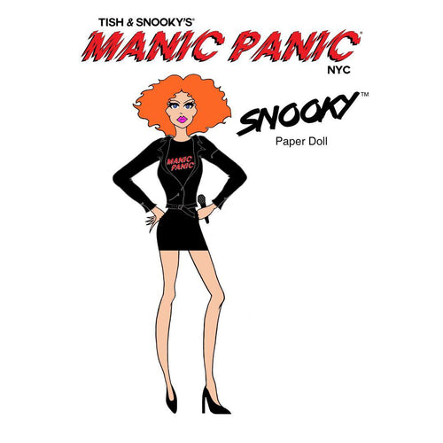 A colorful paper doll set featuring a character with orange hair and a black outfit with the 'Manic Panic' logo on the top.
