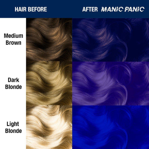 Shocking™ Blue - Amplified™ - Tish & Snooky's Manic Panic, dark blue, deep blue, dark indigo, deep indigo, indigo, blue, intense blue, violet based blue, purple based blue, warm blue, midnight blue, semi permanent hair color, hair dye, hair level chart, shade sheet