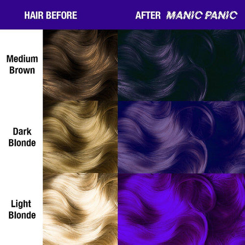Ultra™ Violet - Amplified™ - Tish & Snooky's Manic Panic, glowing purple, glowing violet, medium purple, medium violet, glowing purple, bright purple, bright violet, blue based violet, blue toned violet, blue based purple, blue toned violet, semi permanent hair color, hair dye, hair level chart, shade sheet