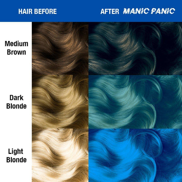 Bad Boy Blue™ - Amplified™ - Tish & Snooky's Manic Panic, muted blue, subdued blue, denim blue, grey blue, green blue, blue, cool blue, neutral blue, bleu, blu, semi permanent hair color, hair dye, hair color chart, shade sheet